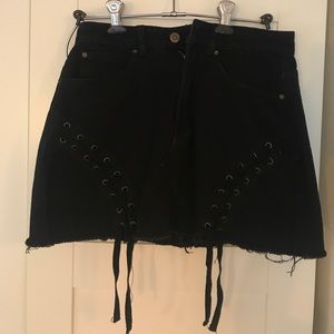 Black Corduroy/Denim Twill Lace-Up Mini Skirt